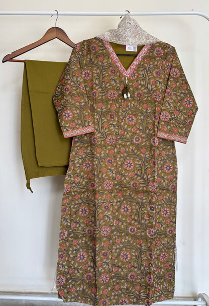 Olive Green Floral Kota Doriya Suit Set