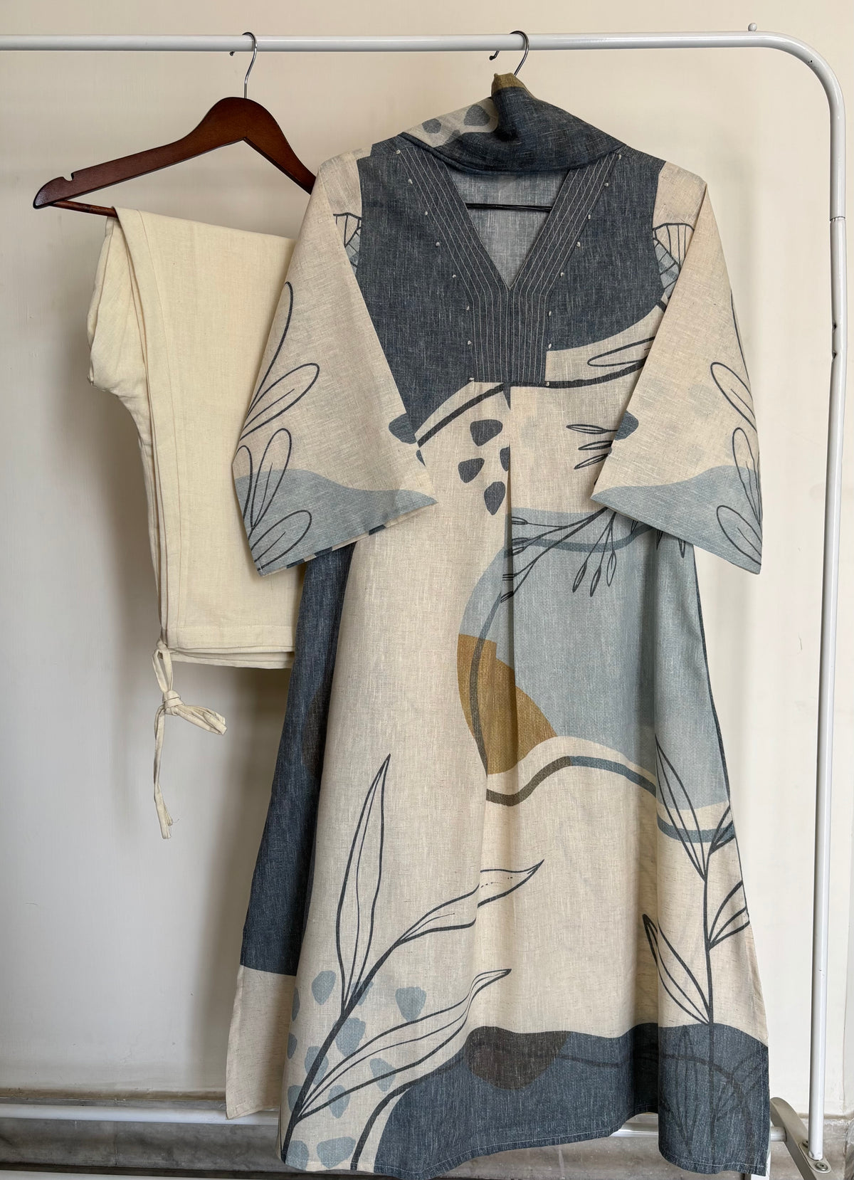 Grey & Beige Abstract Printed Linen Suit Set