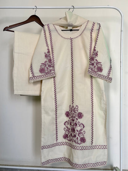 Off-White & Lavender Embroidered Pure Cotton Suit Set with Palazzo