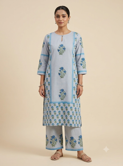 Blue Khadi Cotton Hand Block Printed 2pc Set