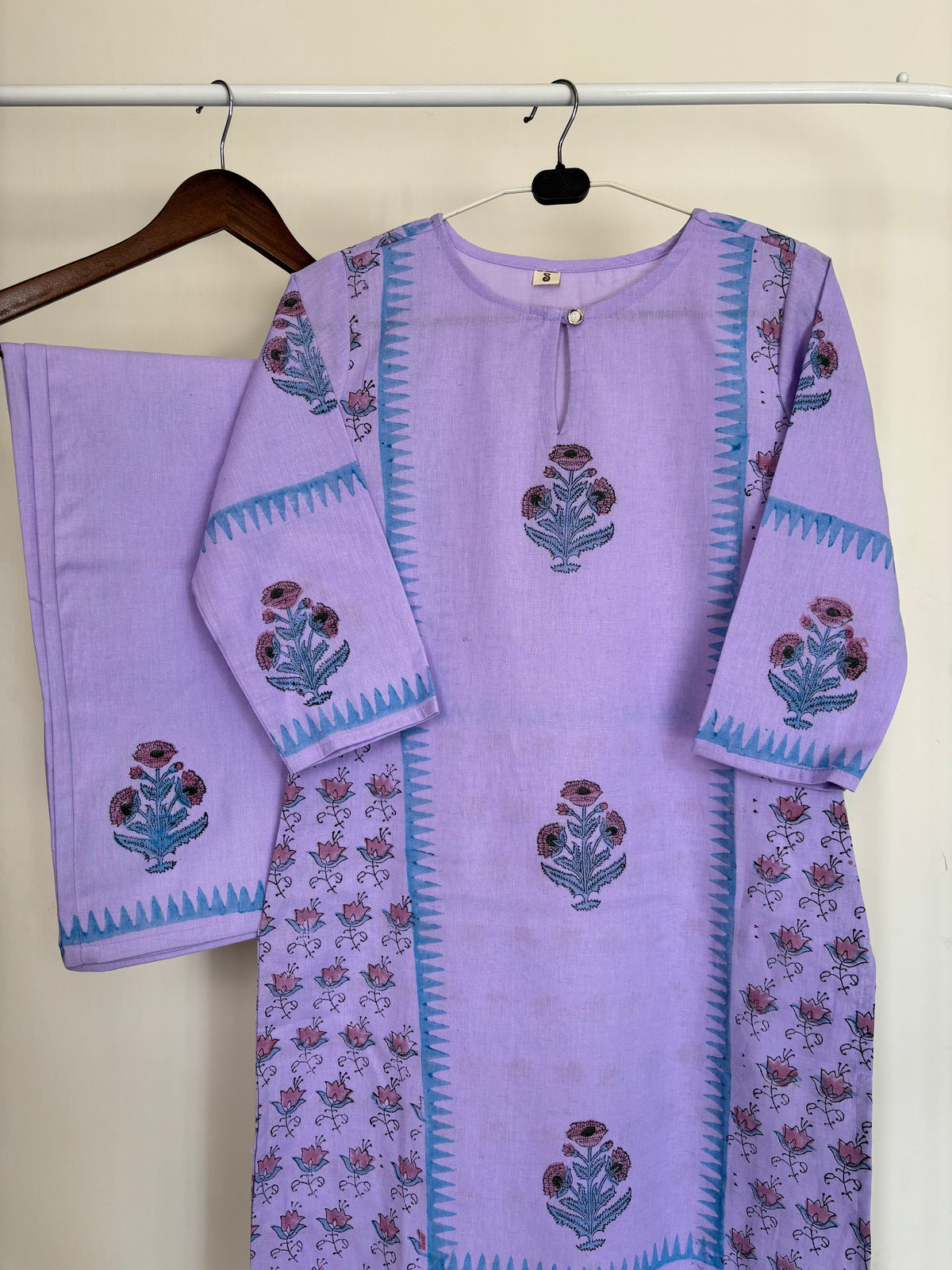Lavender Khadi Cotton Hand Block Printed 2pc Set