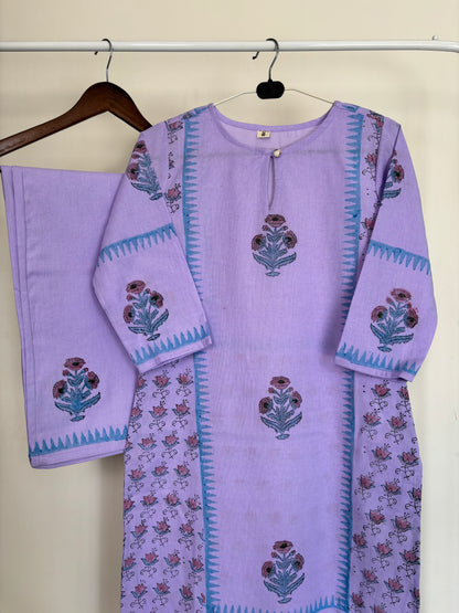 Lavender Khadi Cotton Hand Block Printed 2pc Set