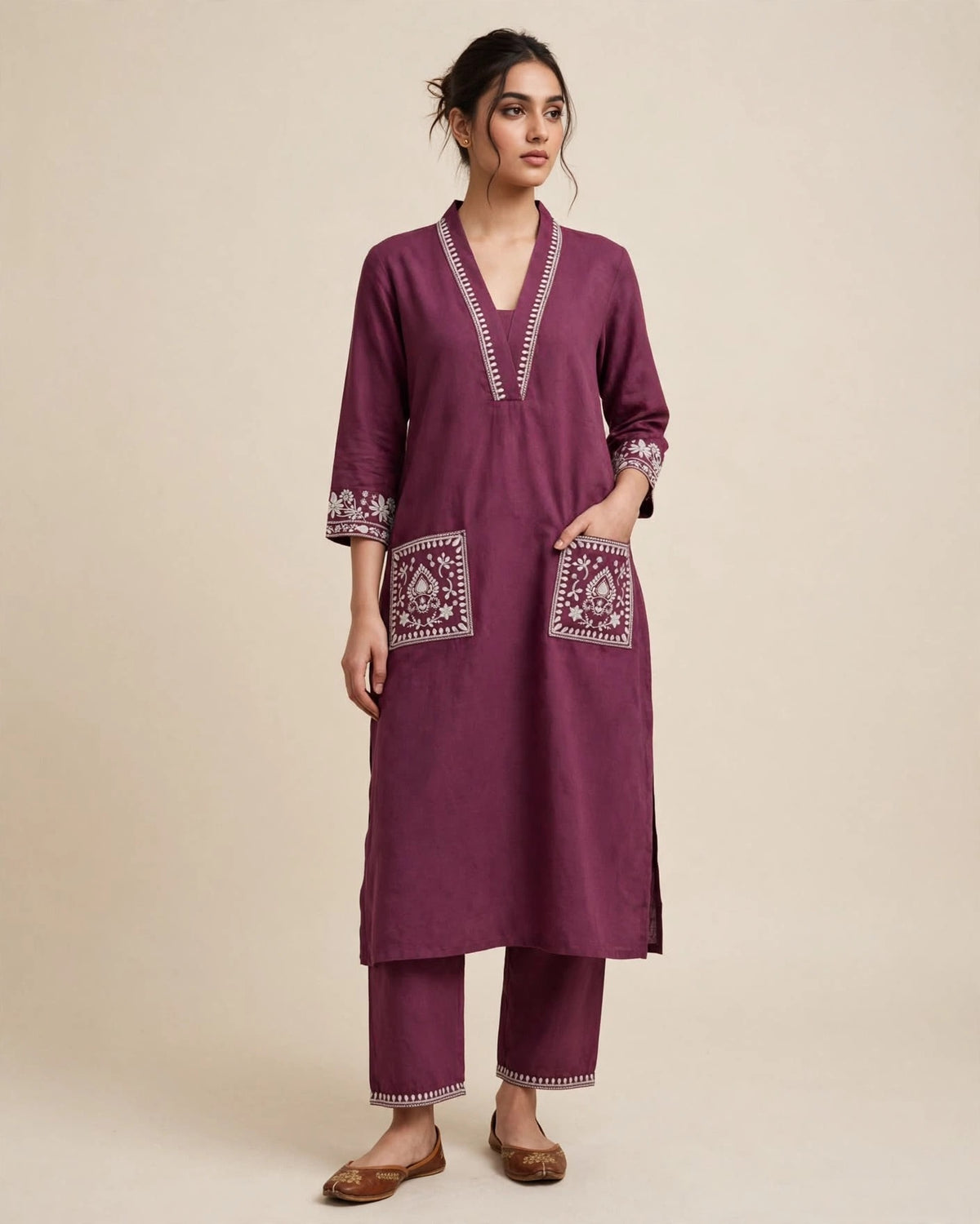Mauve Khadi Cotton Embroidered Kurta Set