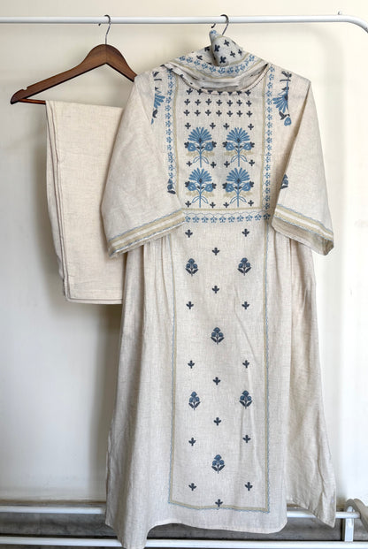 Off-White & Blue Floral Linen Cotton Suit Set