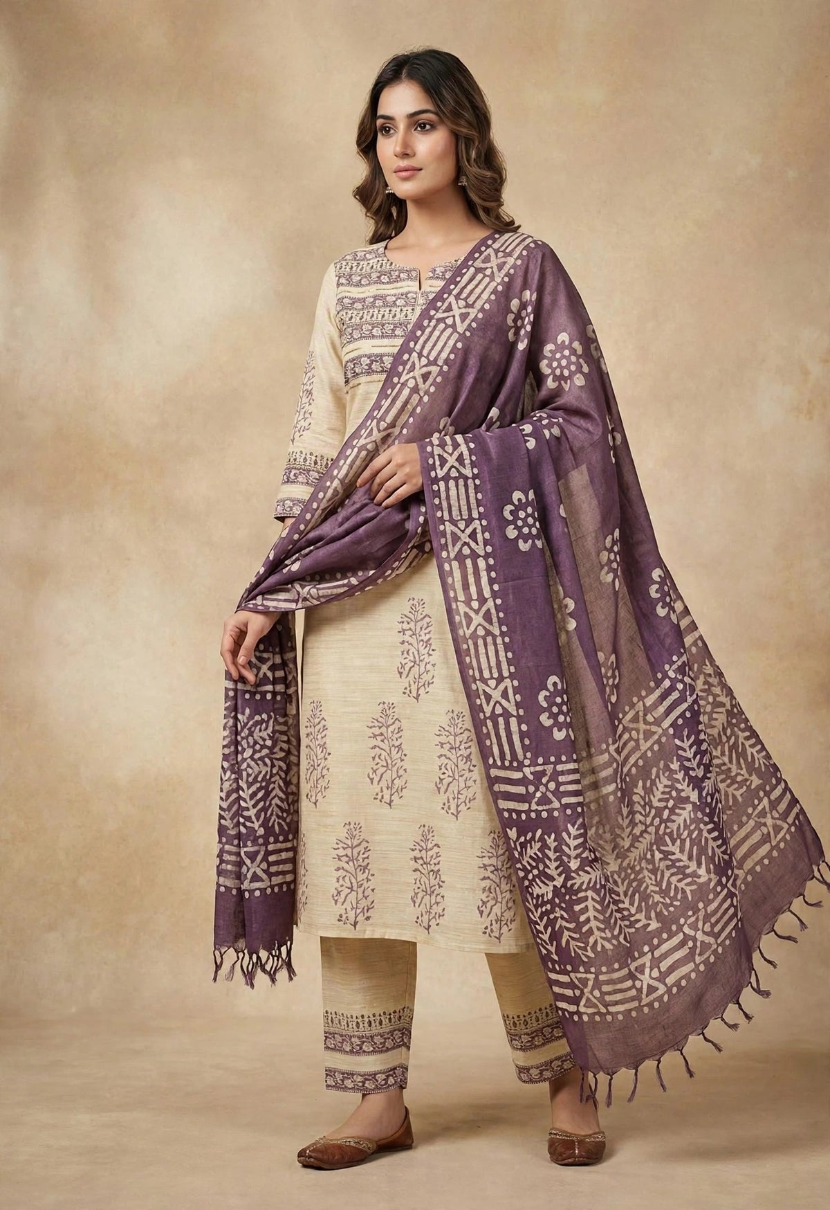 Beige & Mauve Handloom Silk Batik Print Suit Set