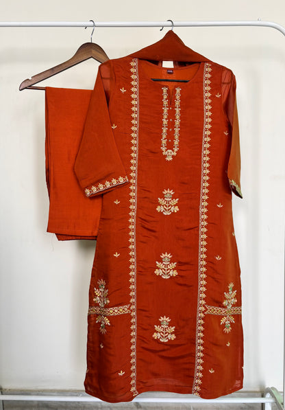 Rust Orange Mul Chanderi Embroidered 3pc Suit Set