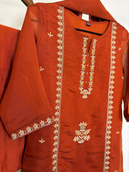 Rust Orange Mul Chanderi Embroidered 3pc Suit Set
