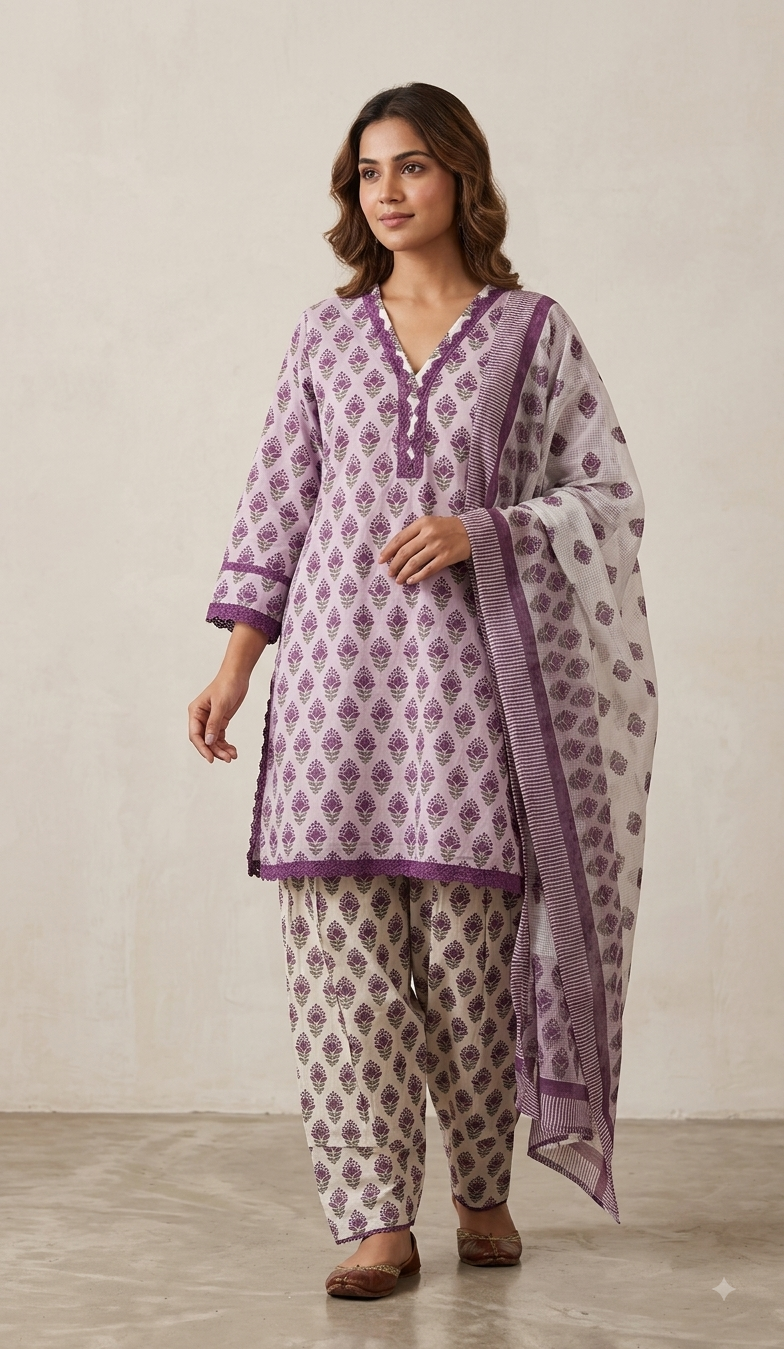 Lilac & Ivory Floral Printed Cotton Farshi Salwar Suit Set