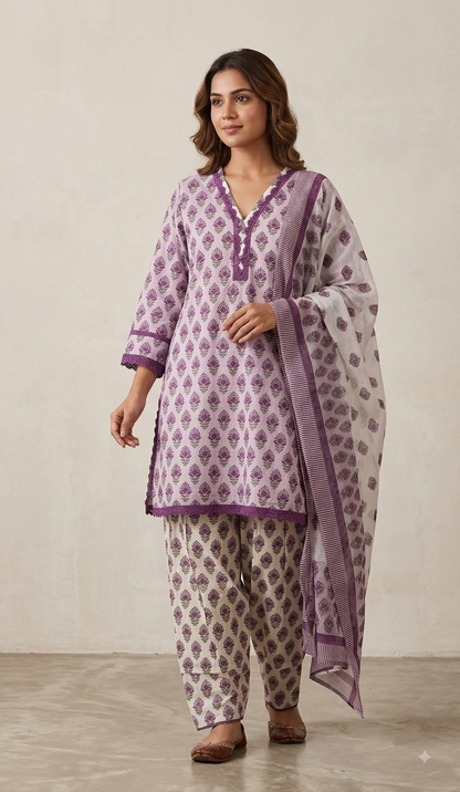 Lilac & Ivory Floral Printed Cotton Farshi Salwar Suit Set