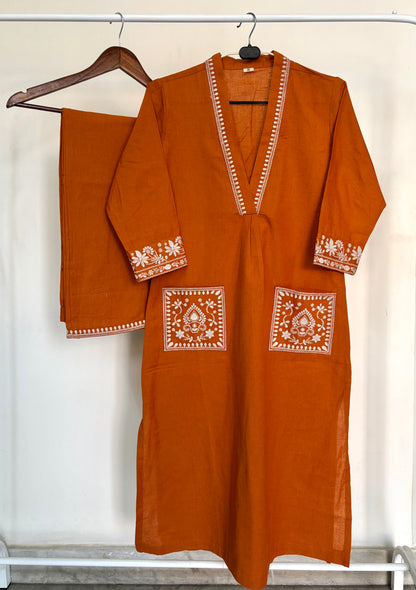 Rust Orange Khadi Cotton Embroidered 2pc Kurta Pant Set