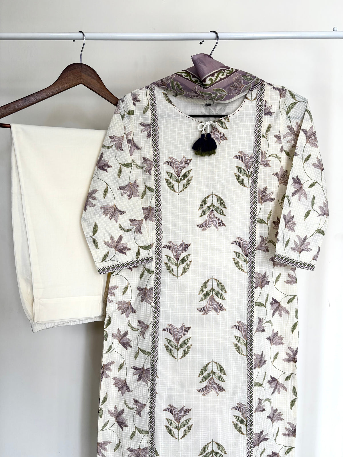 Off-White & Lavender Floral Printed Cotton Suit Set