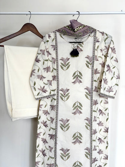 Off-White & Lavender Floral Printed Cotton Suit Set