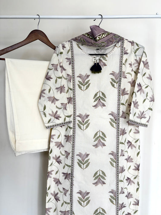 Off-White & Lavender Floral Printed Cotton Suit Set