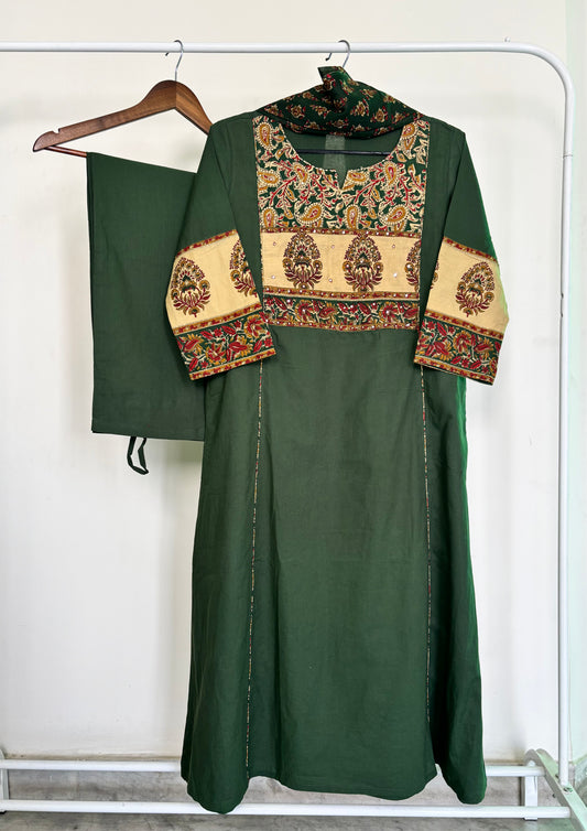 Dark Green Pure Cotton Kalamkari Print A-Line Suit Set