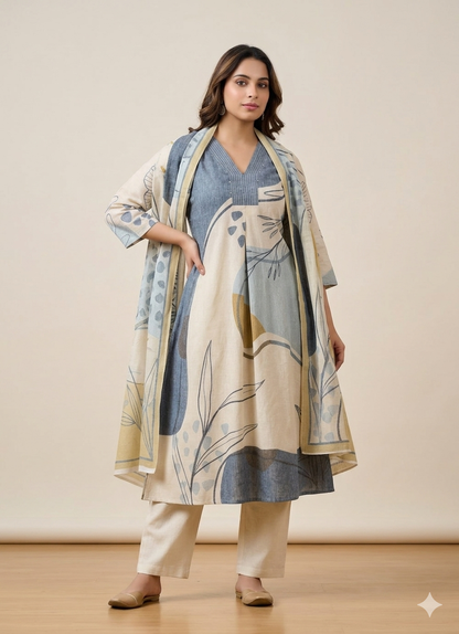 Grey & Beige Abstract Printed Linen Suit Set