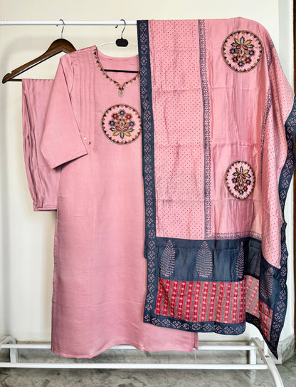 Dusty Pink Embroidered Soft Silk Suit Set