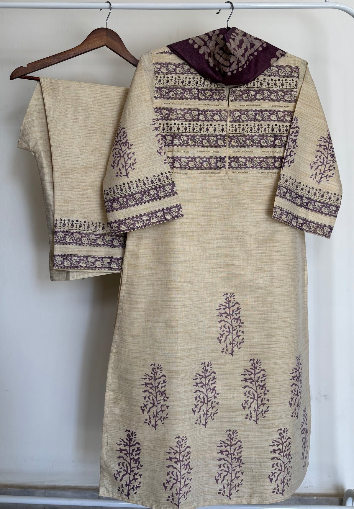 Beige & Mauve Handloom Silk Batik Print Suit Set
