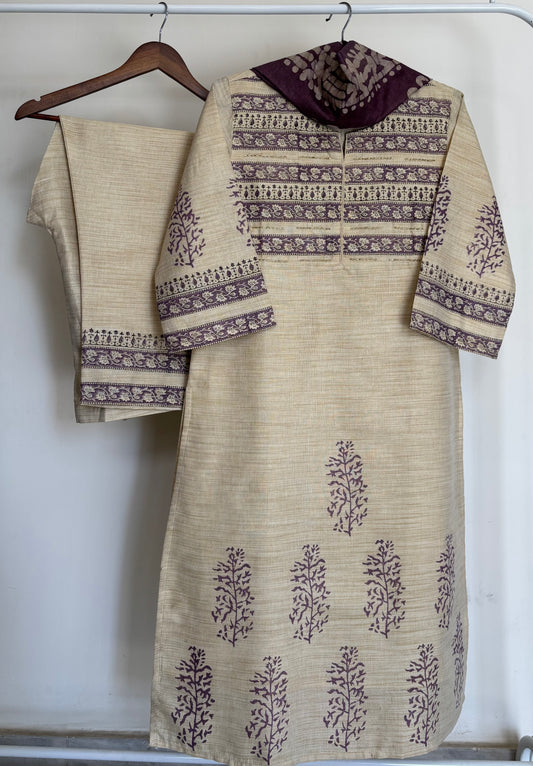 Beige & Mauve Handloom Silk Batik Print Suit Set