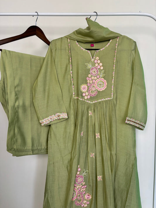 Pistachio Green Mul Chanderi Embroidered A-Line Suit Set