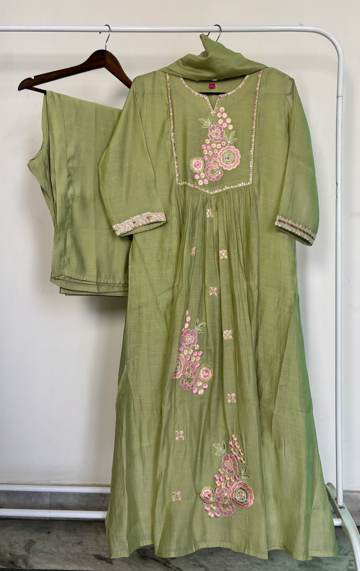 Pistachio Green Mul Chanderi Embroidered A-Line Suit Set