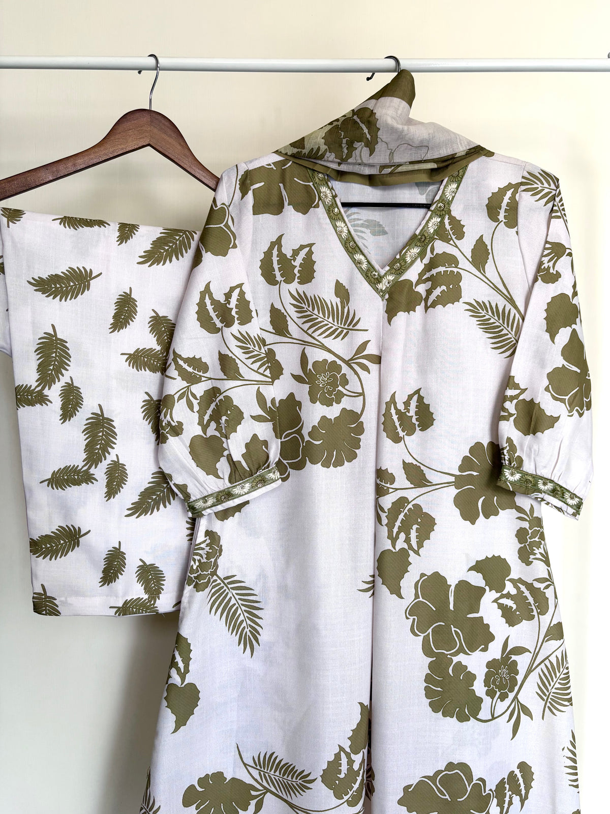 Olive Green & White Botanical Print Rayon Cotton Suit Set