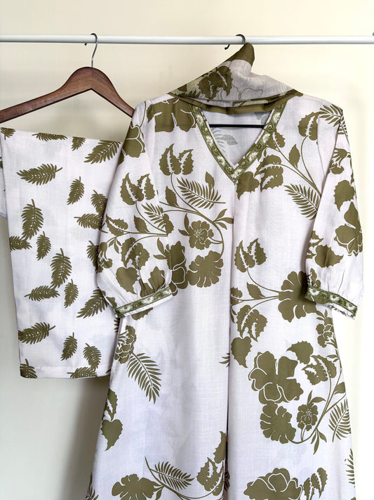 Olive Green & White Botanical Print Rayon Cotton Suit Set
