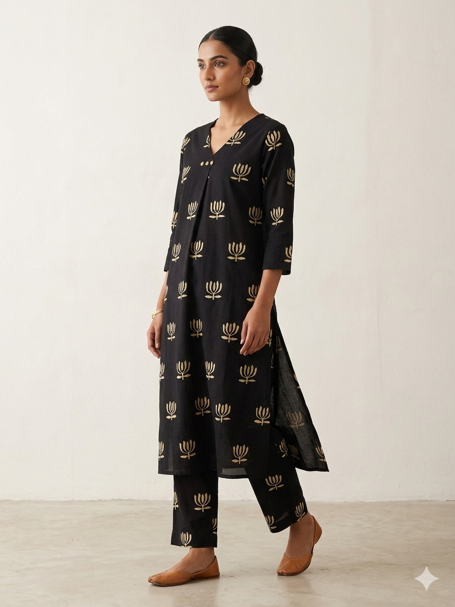 Black Lotus Printed Khadi Cotton Kurta Set