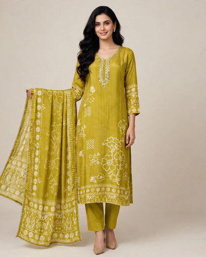 Lemon Green Abstract Floral Printed Crepe Silk Suit Set
