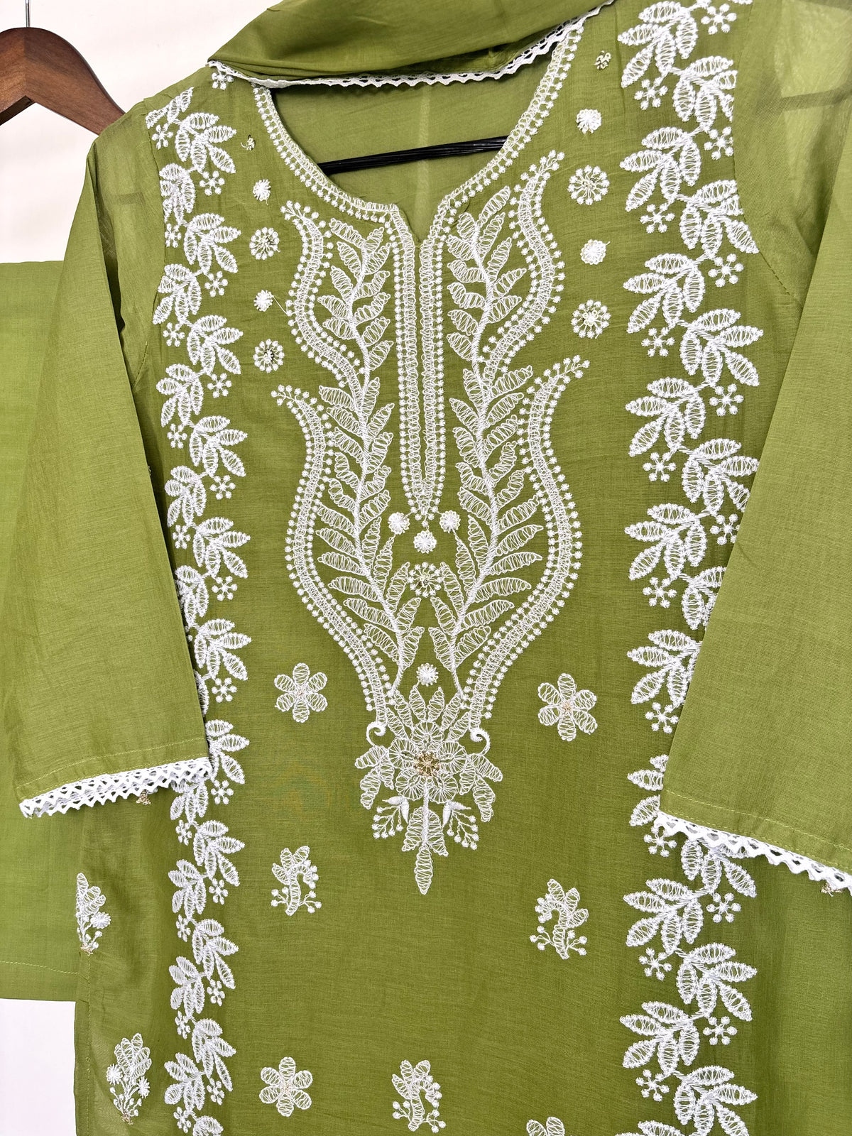 Leaf Green Mul Cotton Embroidered Suit Set