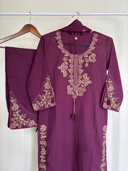 Purple Wine Pure Cotton Embroidered Suit Set