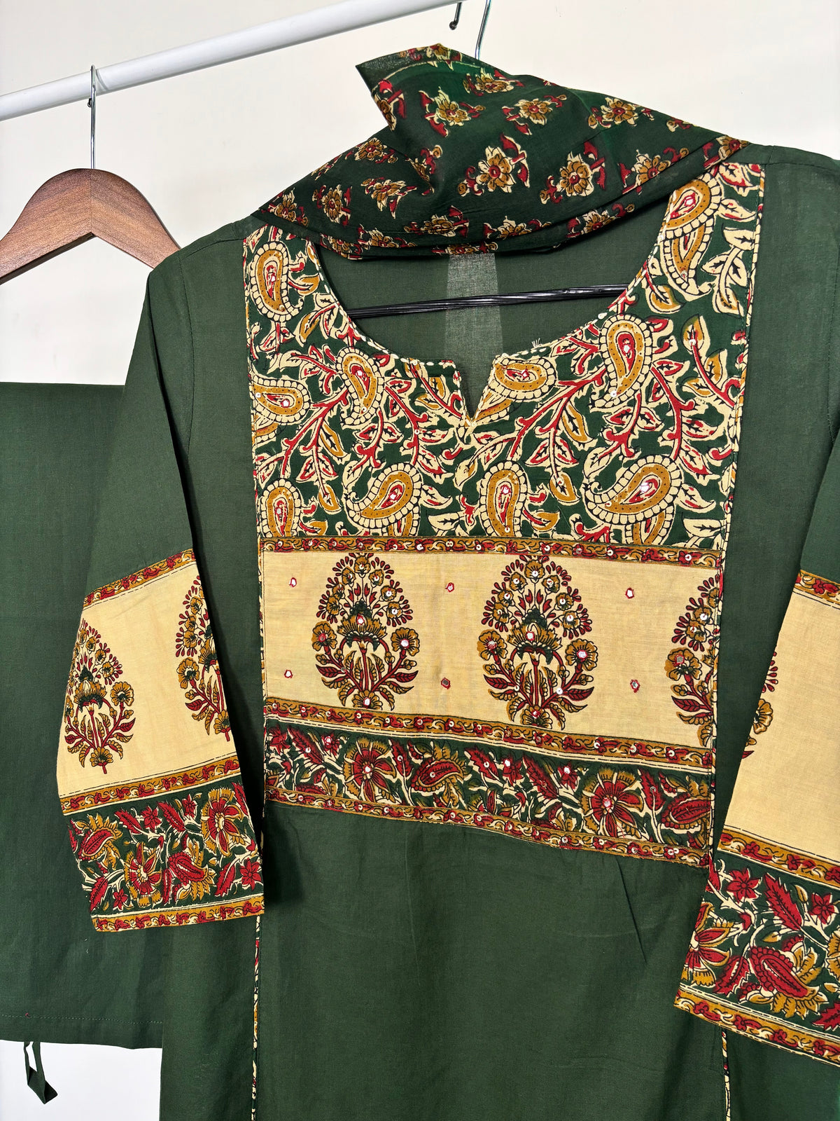 Dark Green Pure Cotton Kalamkari Print A-Line Suit Set