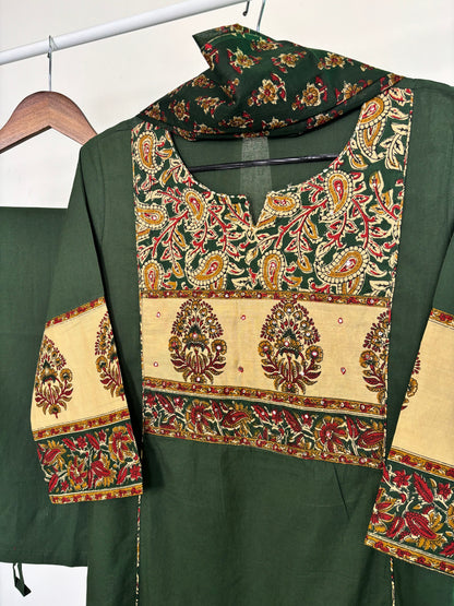 Dark Green Pure Cotton Kalamkari Print A-Line Suit Set