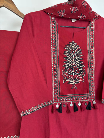 Maroon Pure Cotton Ajrakh Applique Suit Set