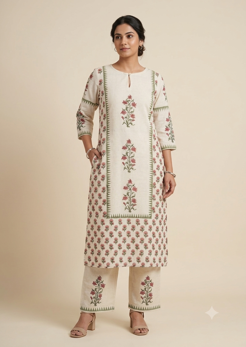 Cream Khadi Cotton Hand Block Printed 2pc Set