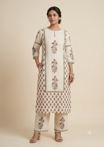 Cream Khadi Cotton Hand Block Printed 2pc Set