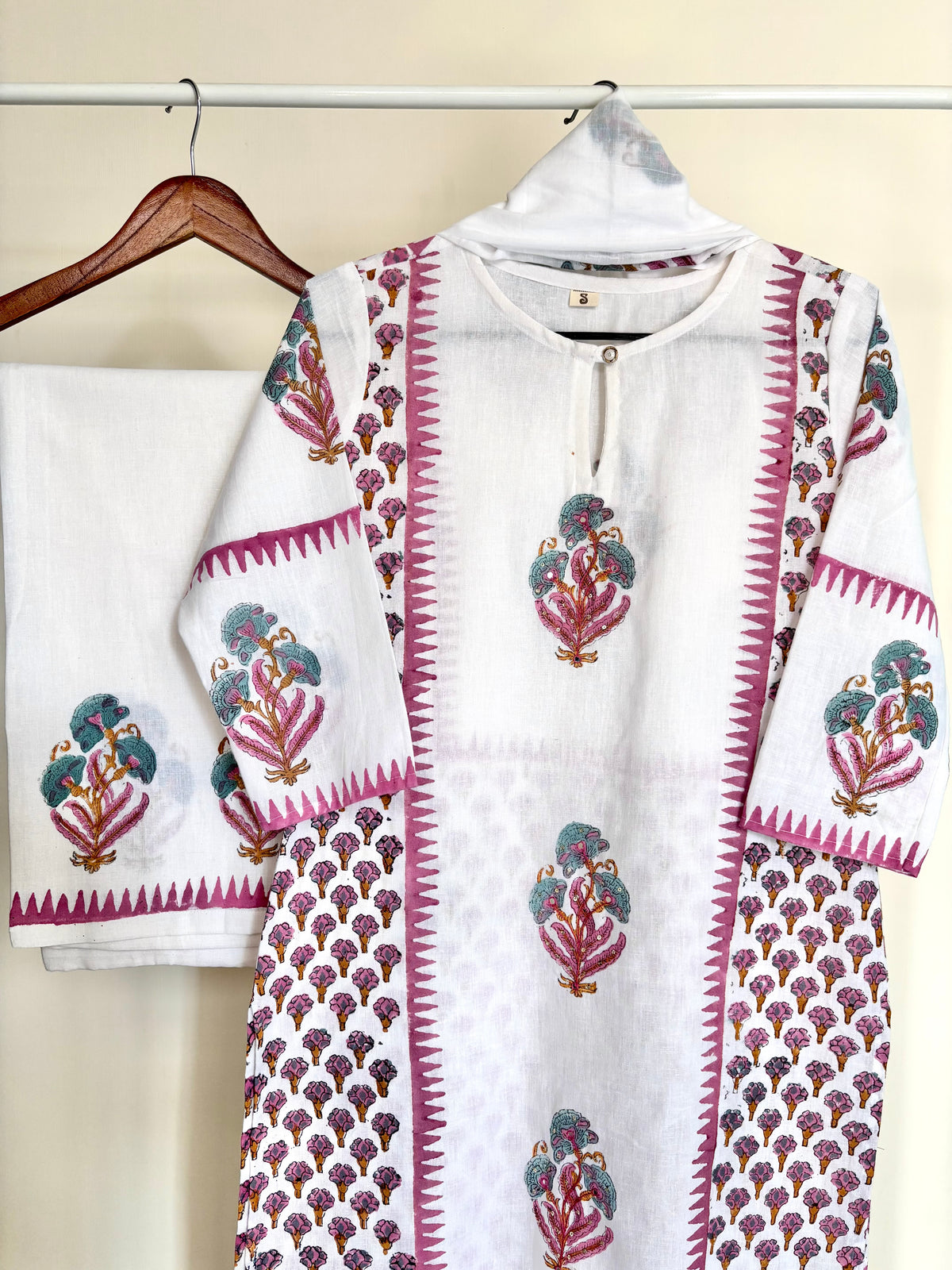 Off-White & Pink Block Printed Khadi Cotton Suit Set