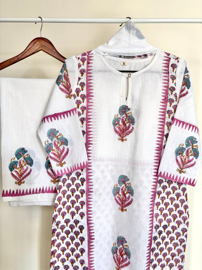 Off-White & Pink Block Printed Khadi Cotton Suit Set