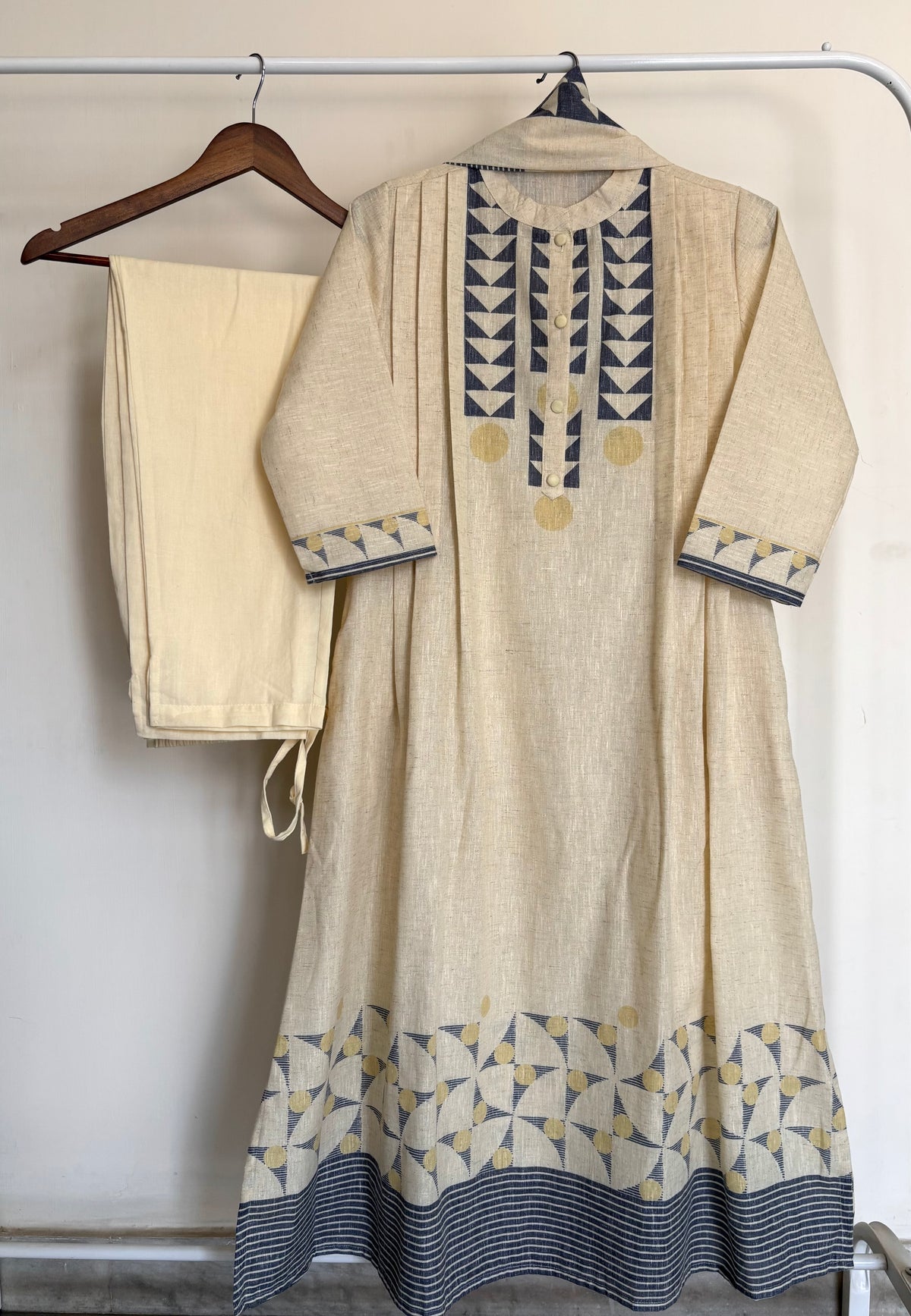 Lemon & Indigo Linen Cotton Geometric Printed Suit Set