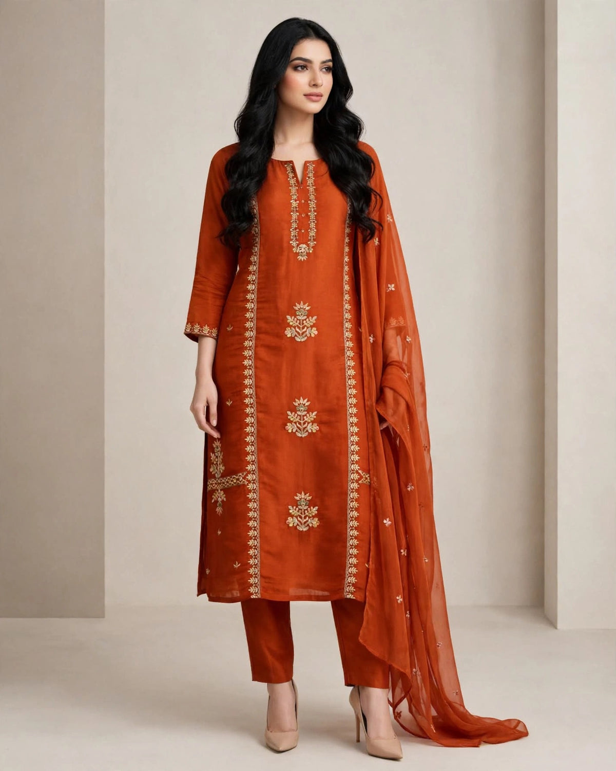Rust Orange Mul Chanderi Embroidered 3pc Suit Set