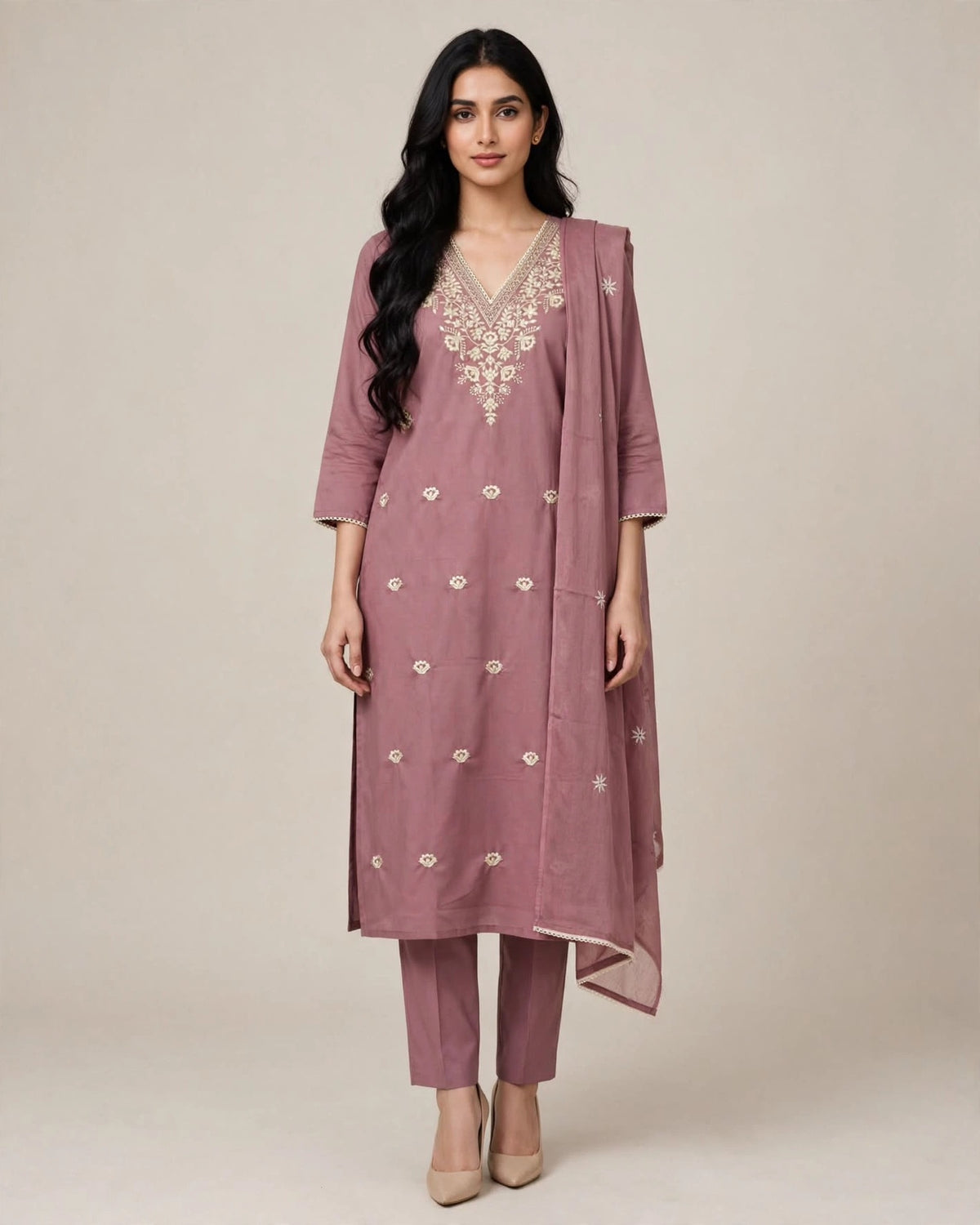 Mauve Pure Cotton Embroidered Suit Set