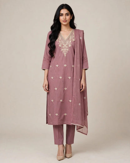 Mauve Pure Cotton Embroidered Suit Set