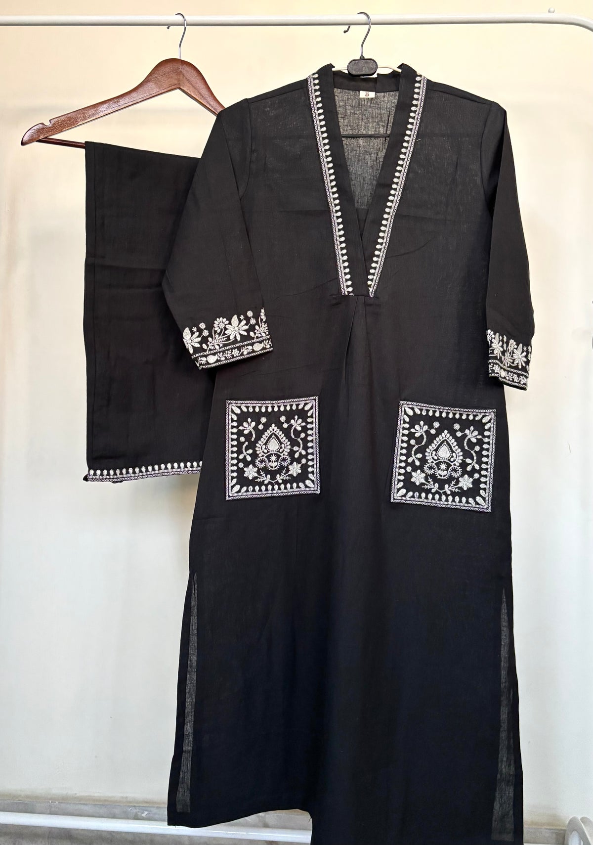 Black Khadi Cotton Embroidered 2pc Kurta Pant Set
