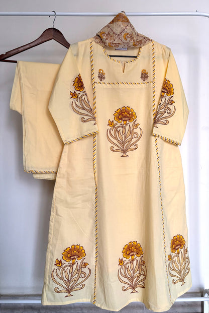 Butter Yellow Floral Block Printed Cotton Suit Set
