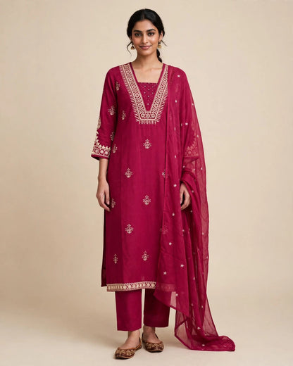 Magenta Pink Pure Cotton Dori Embroidered Suit Set