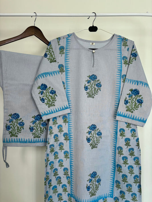 Blue Khadi Cotton Hand Block Printed 2pc Set
