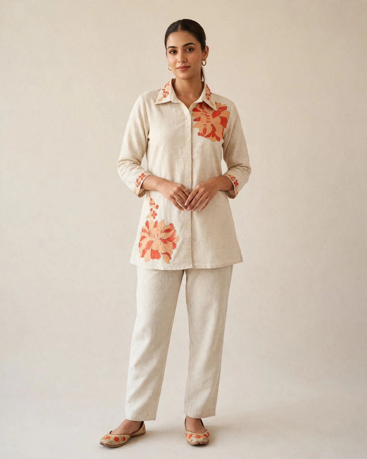 Orange Khadi Cotton Embroidered Co-ord Set