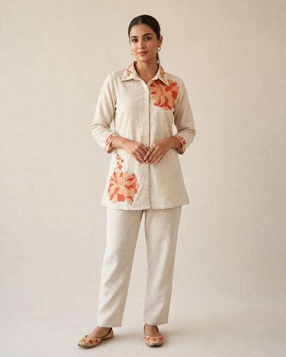 Orange Khadi Cotton Embroidered Co-ord Set