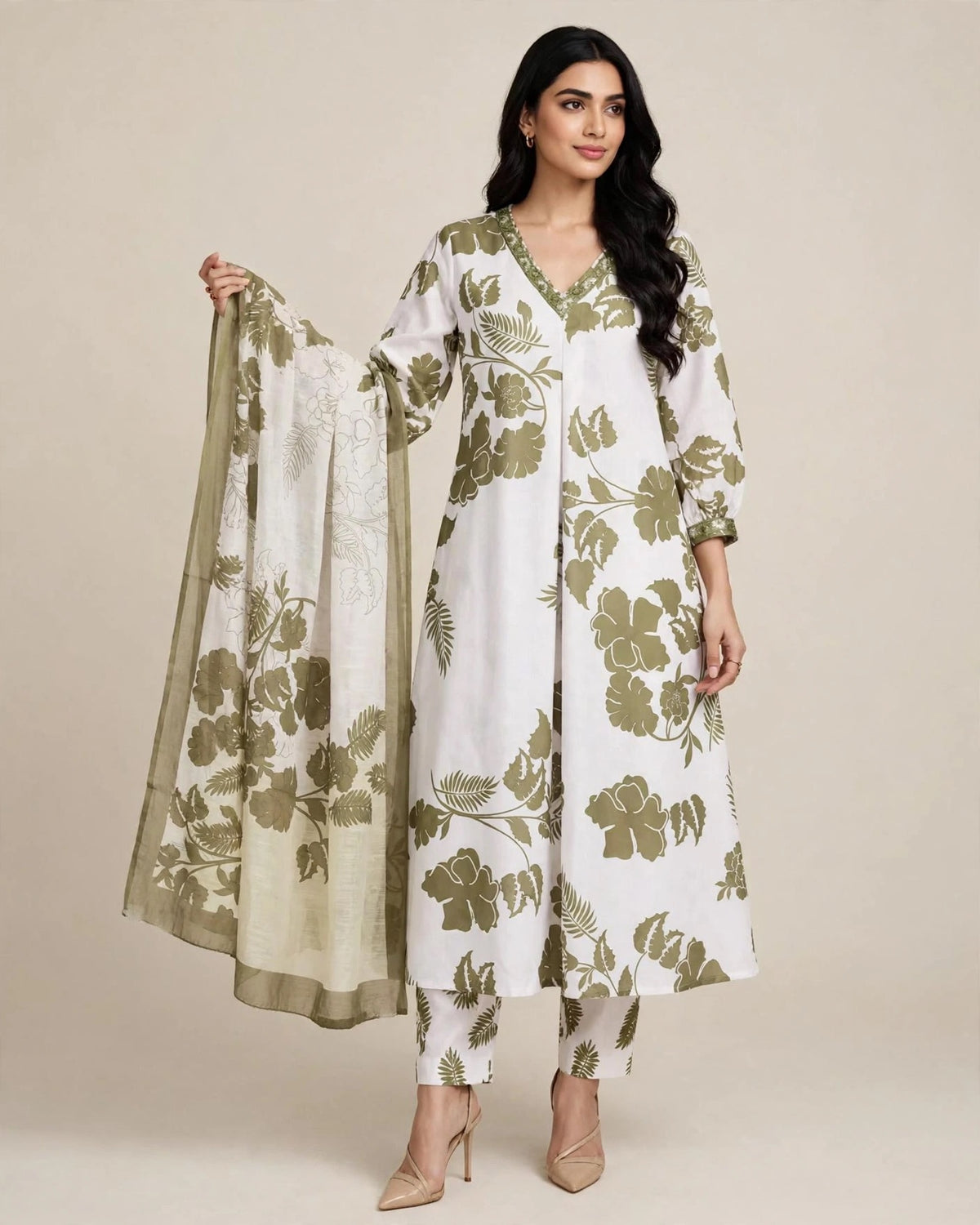 Olive Green & White Botanical Print Rayon Cotton Suit Set