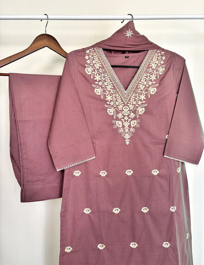 Mauve Pure Cotton Embroidered Suit Set