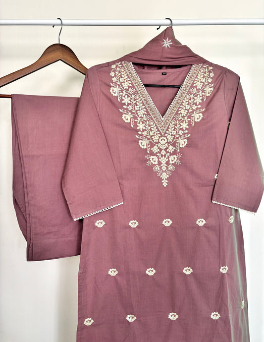 Mauve Pure Cotton Embroidered Suit Set